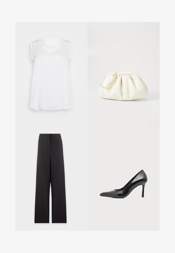Top sin mangas blanco con una textura suave, escote en V y ajuste relajado. Dobladillo ligeramente curvado y aberturas laterales para mayor libertad de movimiento.; Pantalones negros de cintura alta con pierna ancha, detalles de costura frontal y cierre frontal oculto, mostrados sobre un fondo claro y liso.; Zapato de tacón alto de mujer en piel negra patentada, con punta puntiaguda y tacón delgado, sobre un fondo claro y liso.; Bolso de mano de cuero blanco con un diseño recogido, cuenta con una cadena dorada y forma redondeada. Textura suave con pliegues suaves y sin patrones.