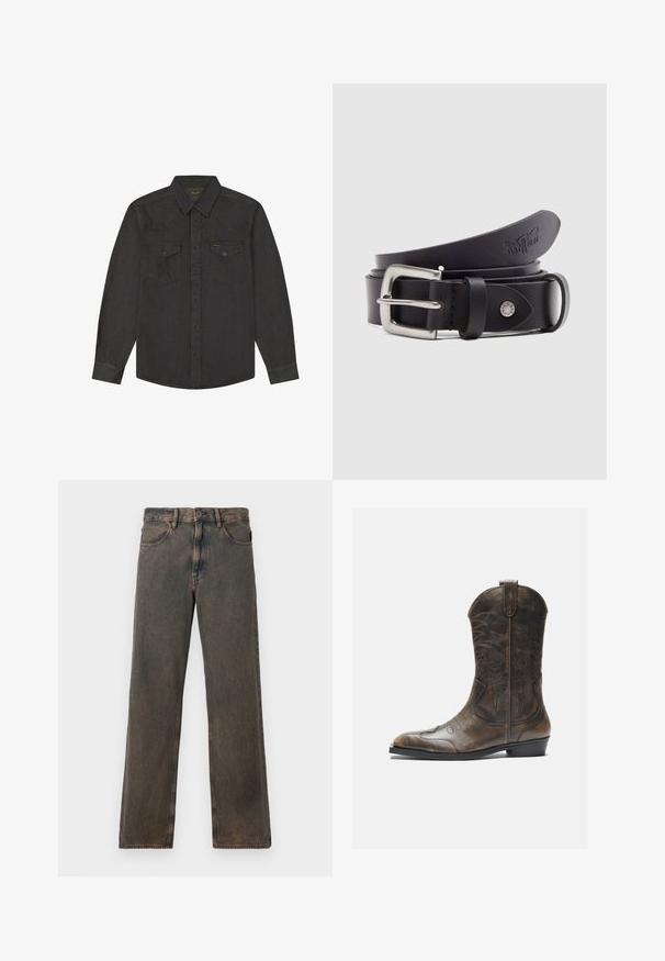 Chemise à manches longues gris foncé avec col pointu, deux poches avant à rabat avec boutons et détails de coutures visibles.; Jeans droits couleur marron délavé avec poches avant, fermeture à bouton et passants de ceinture, présentés sur un fond blanc.; Botte de cow-boy en cuir marron avec un long tige, un bout pointu, des motifs de couture complexes et un petit talon. Finition texturée tout au long.; Ceinture en cuir noire avec une boucle en métal argenté, un bouton-pression pour l'ajustement et des détails embossés sur le cuir. Texture lisse sur toute la surface.