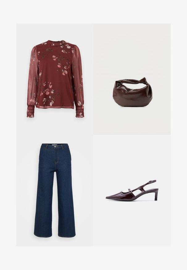 Blouse bordeaux transparente à manches longues avec imprimé floral rose, col montant à volants et poignets froncés.; Pantalons en denim à jambe large de couleur bleu foncé avec des surpiqûres jaunes en contraste, taille haute et fermeture à bouton. Texture lisse et design classique.; Chaussure slingback en cuir verni bordeaux avec bout pointu, talon bas et double bride à boucle réglable.; Sac bandoulière en cuir marron foncé avec une forme souple et décontractée et une anse nouée torsadée sur un fond blanc uni.