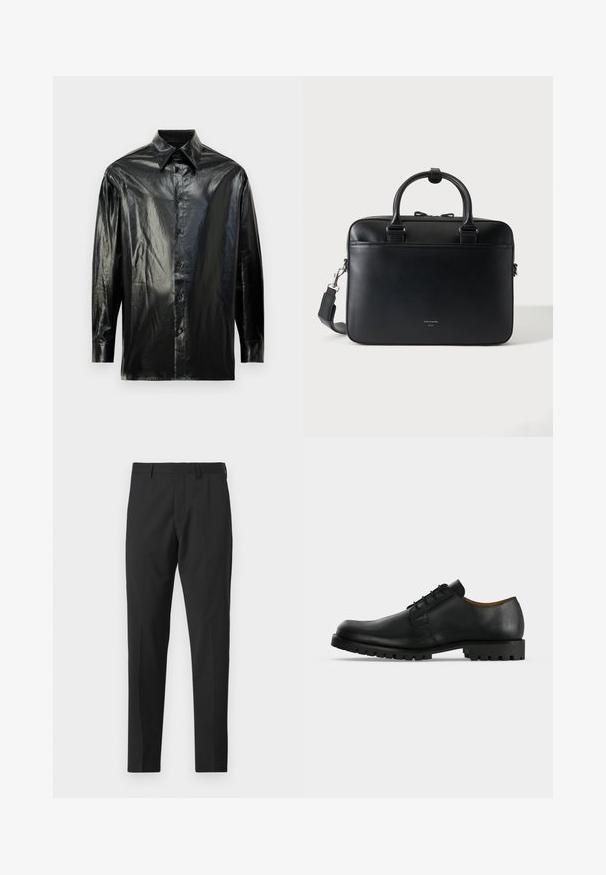Schwarzes Hemd mit Knopfleiste und langen Ärmeln, aus glänzendem, glattem Material. Verfügt über einen klassischen Kragen und sichtbare Knopfleiste.; Schwarze, maßgeschneiderte Hose mit engem Schnitt, mit flacher Vorderseite, verdecktem Reißverschluss und Seitentaschen. Hergestellt aus glattem Stoff mit dezentem Glanz.; Schwarzer Lederschnürschuh mit dicker, profilierter Sohle und niedrigem Absatz auf weißem Hintergrund dargestellt.; Schwarze Lederaktentasche mit doppelten Griffen und abnehmbarem Schulterriemen, minimalistisches Design auf einfarbigem Hintergrund.
