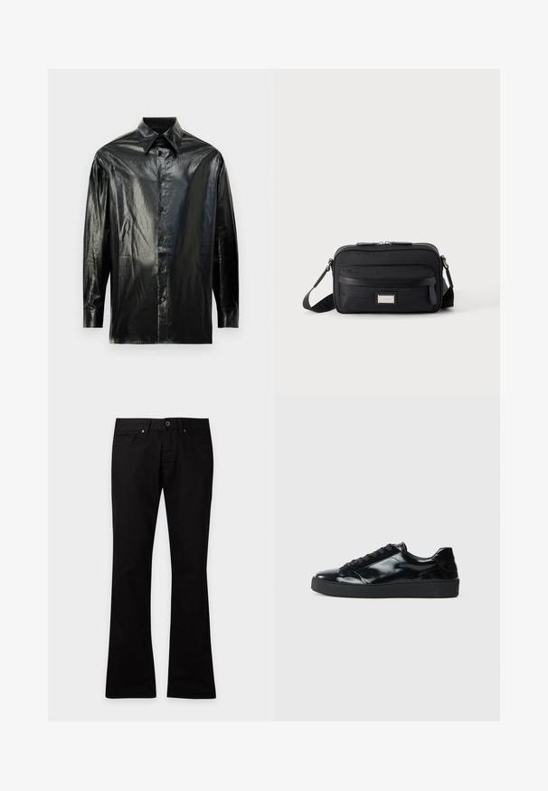 Musta nööpidega särk pikade varrukatega, valmistatud säravast ja siledast materjalist. Omab klassikalist kraed ja nähtavat nööpide rida.; Mustad bootcut-püksid ees nööbi ja tõmblukuga, vööaasadega ja viie taskuga, esitatud lihtsal heledal taustal.; Mustad musta läikiva naha spordijalatsid, ümarate varvastega, nööbikirjaga, tekstuurse kummitald ja sileda viimistlusega.; Must ristmik ülakehaga kandekott ees oleva tõmblukuga tasku, reguleeritava rihma ja hõbedase ristküliku kujuga logoplaadiga ühevärvilisel taustal.
