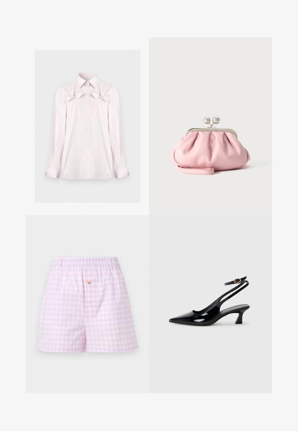 Chemise rose clair à manches longues avec boutons, col pointu, poches poitrine et nœuds décoratifs au-dessus des poches sur un fond uni.; Shorts à carreaux rose clair et blanc avec taille élastique et deux boutons à l'avant, un doré et un blanc.; Escarpins à brides arrière en cuir verni noir, à bout pointu, avec un petit talon carré et une sangle de cheville ajustable dotée d'une boucle dorée.; Petit sac pochette doux rose avec cadre métallique argenté et fermoir rond, reposant sur une surface plate et claire avec une bride de poignet repliée devant.