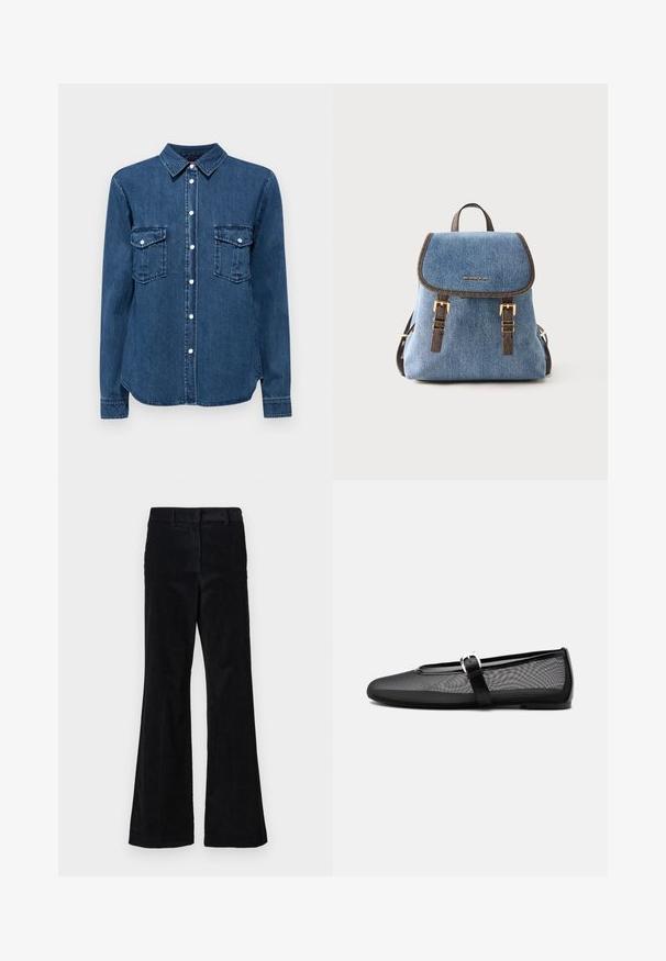 Chemise en denim bleu foncé, dotée d'un col, d'une fermeture à boutons à l'avant et de deux poches poitrine avec rabats. Manches longues avec des poignets à boutons.; Pantalons évasés en velours côtelé noir avec des côtes verticales, dotés d'une taille et de poches latérales, conçus pour une coupe décontractée.; Ballerine noire en mesh avec bout rond et bride Mary Jane réglable avec boucle argentée, sur un fond gris clair uni.; Sac à dos en denim bleu avec bordure marron, boucles dorées, poignée supérieure et rabat avant avec le logo Michael Kors, sur fond blanc.