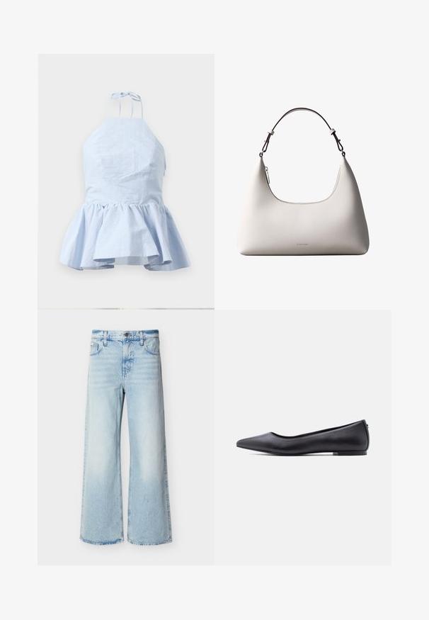 Lys blå halterneck-top med peplum-design, har tynde stropper, tekstureret stof og en samlet kant for en flared silhuet.; Lyseblå højtaljede viddeben jeans med forlommer, bæltestropper og knaplukning.; Sort flad lædersko med spidst tåparti og lav hæl, vist i sideprofil mod en hvid baggrund.; Cremefarvet skuldertaske i læder fra Calvin Klein med buet topkant, sølvfarvet lynlås og mørkebrun justerbar rem.