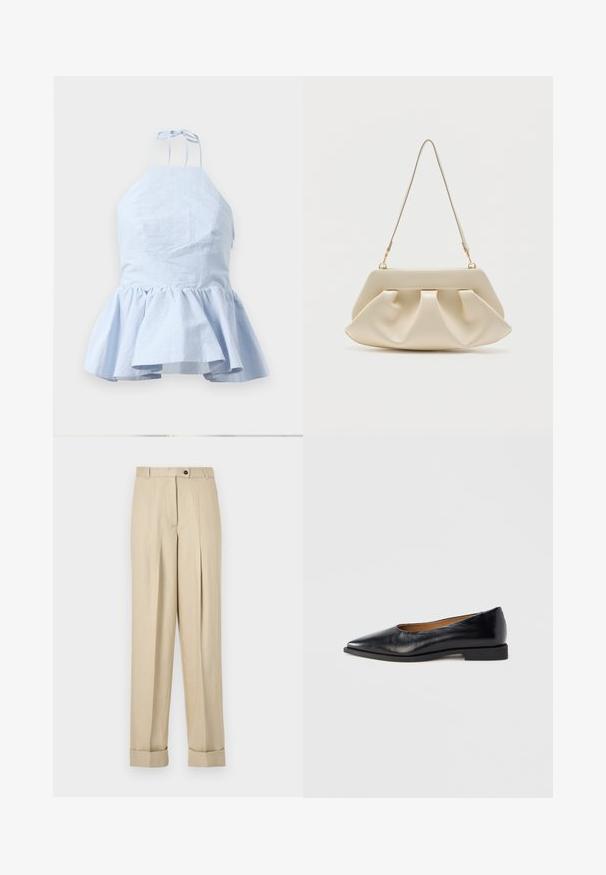 Lys blå halterneck-top med peplum-design, har tynde stropper, tekstureret stof og en samlet kant for en flared silhuet.; Beige bukser med høj talje, folder, bæltestropper, knap- og lynlås-lukning samt manchetter, på en ensfarvet baggrund.; Sort læder flad sko med spids tå og lav firkantet hæl. Glat tekstur, minimalistisk design og uden synlige beslag eller mønstre.; Kremfarvet blød clutch-taske med samlet plissering og en tynd skulderrem med guldfarvet hardware.