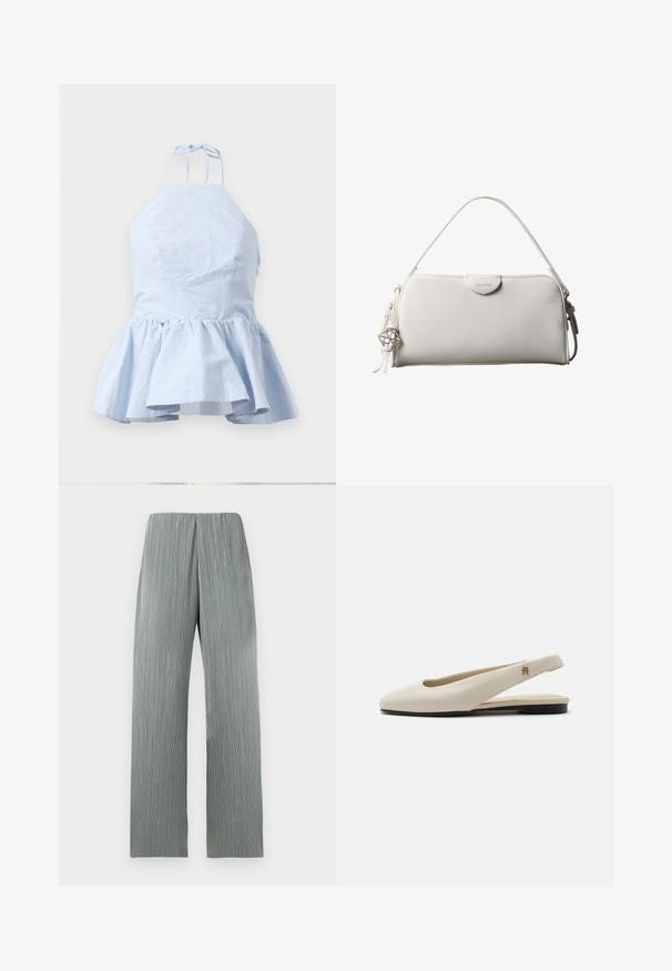 Lys blå halterneck-top med peplum-design, har tynde stropper, tekstureret stof og en samlet kant for en flared silhuet.; Lysegrå vidde bukser med høj talje og lodrette teksturerede linjer, vist mod en ensartet hvid baggrund.; Flatsko i cremefarvet læder med rundet tå og lille guldemblem på remmen.; Hvid rektangulær Calvin Klein håndtaske med enkelt håndtag, minimalistisk design og dekorative kvaster med geometrisk metalvedhæng på siden.