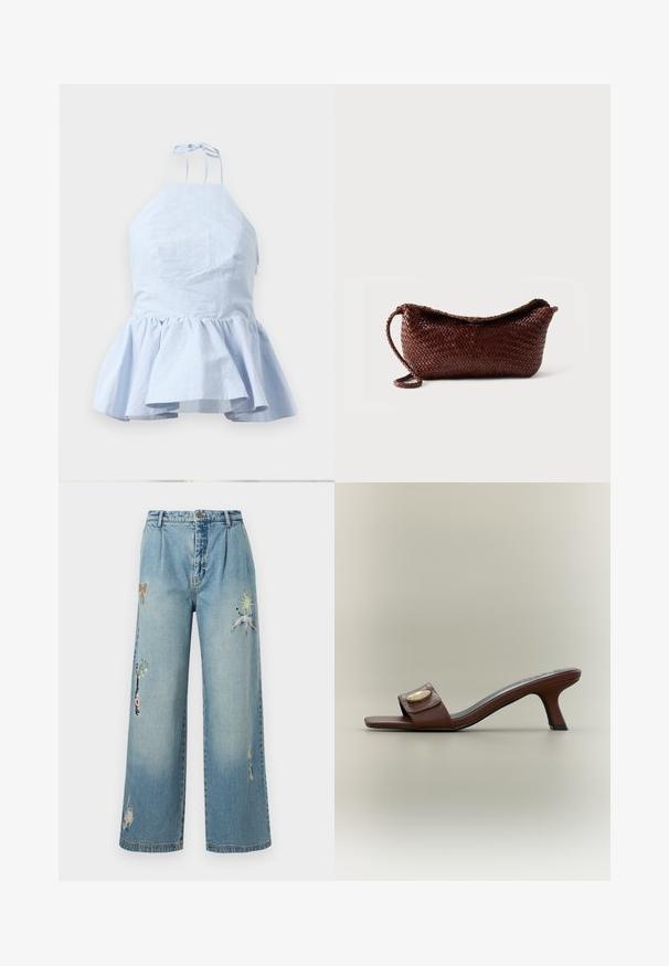 Lys blå halterneck-top med peplum-design, har tynde stropper, tekstureret stof og en samlet kant for en flared silhuet.; Lyseblå denim viddebukser med broderede detaljer, inklusive sommerfugle og planter. Har knaplukning og fem lommer.; Brun læder mule med åben tå, lav buet hæl og bred rem med en gylden dekorativ detalje.; Brun flettet lædertaske med en enkelt rem og buet top mod en ensfarvet hvid baggrund.