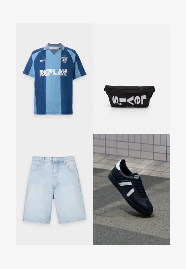 Jeans-inspiriertes Jersey mit kurzen Ärmeln, das ein dunkelblaues und hellblaues gestreiftes Design, einen V-Ausschnitt und das auffällig platzierte "REPLAY"-Logo aufweist.; Hellblaue Denim-Shorts mit geradem Schnitt, ausgestattet mit Fronttaschen, einem Knopfverschluss und lässigen Nähten. Glatte Textur ohne Muster.; Schwarze Leder-Sneaker mit weißen Streifen, strukturiertem Gummisohle und Schnürung. Verfügt über ein Markenetikett auf der Zunge.; Schwarze Stofftasche mit flacher Form, mit fettgedrucktem weißen Text. Der Reißverschluss befindet sich oben, mit einer Schlaufe an einer Seite.