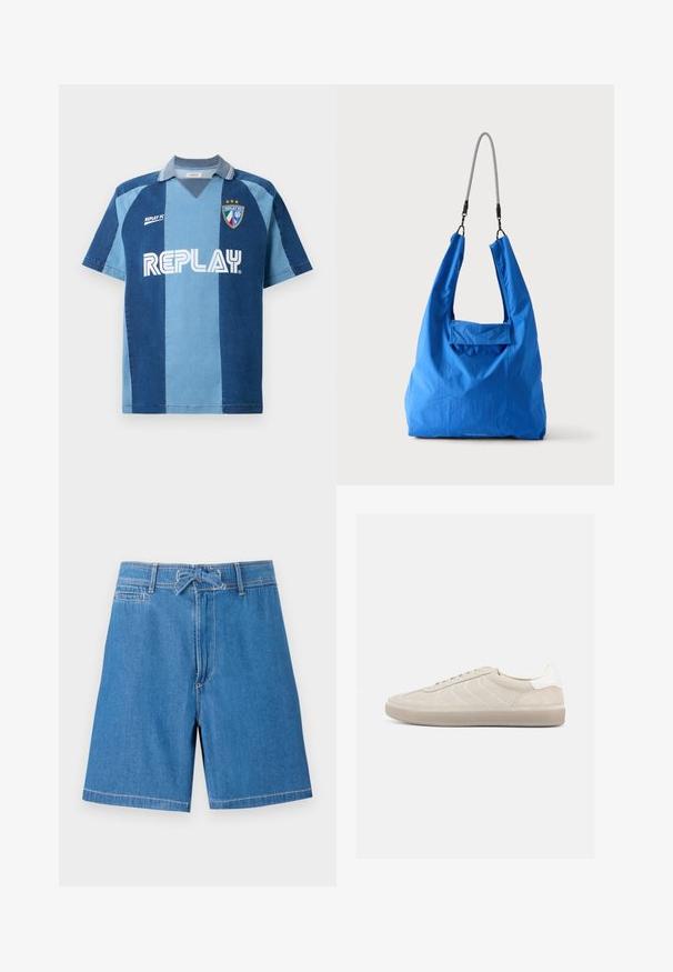 Jersey inspirado en denim con manga corta, que presenta un diseño de rayas en azul oscuro y azul claro, cuello en V y el logotipo "REPLAY" destacado.; Shorts de mezclilla en azul claro con cintura ajustable, bolsillos frontales y costuras en contraste. Diseño clásico, corte hasta la rodilla.; Zapatilla beige de ante con parte superior texturizada, contrafuerte de talón blanco liso, cordones finos y suela de goma. Presenta un diseño de perfil bajo.; Bolsa tote de tela suave de color azul brillante con una correa de hombro de cuerda negra y blanca sobre un fondo claro liso.