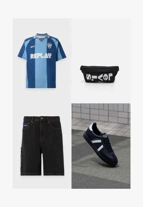 Denim-inspireret jersey med korte ærmer, der har et mørkeblåt og lyseblåt stribet design, V-hals, og "REPLAY" logoet præsenteret tydeligt.; Sorte denimshorts med frontlommer, en sidelomme og orange syninger. Har en metalknaplukning og et mærketikette.; Sort lædersneaker med hvide striber, tekstureret gummisål og snørrebånd foran. Har et brandet mærke på tungen.; Sort stoftaske med flad form, prydet med fed hvid tekst. Lynlåsen er placeret øverst, med en løkke detalje på den ene side.