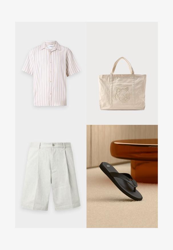 Linned kortærmet skjorte med vertikale creme- og beige striber, en klassisk krave og en frontknapstolpe med runde guldk napper.; Lysegrå shorts lavet af tekstureret stof med knaplukning, plisseringer og lige snit, velegnet til afslappet brug.; Sort BOSS flip-flop sandal på et beige tæppe med et stort rundt bord i ravfarve i baggrunden.; Beige lærredsnettaske med dobbelte håndtag og et præget ulvehoveddesign på forlommen.