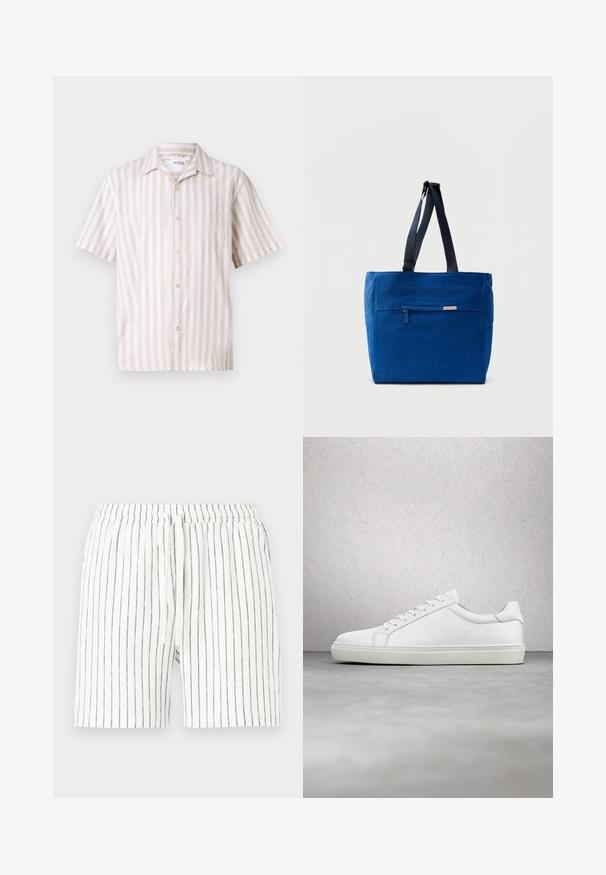 Linned kortærmet skjorte med vertikale creme- og beige striber, en klassisk krave og en frontknapstolpe med runde guldk napper.; Hvide shorts med vertikale sorte striber, med elastisk talje og snor. Fremstillet af et letvægtsstof.; Hvide sneakers med en glat læderoverdel og lav profil. Har en rund tå, seks snørehuller og en tekstureret gummisål.; Blå lærredstaske med lynlåslomme foran, dobbelte skulderremme og rektangulær form. Har en diskret mærkeetiket.