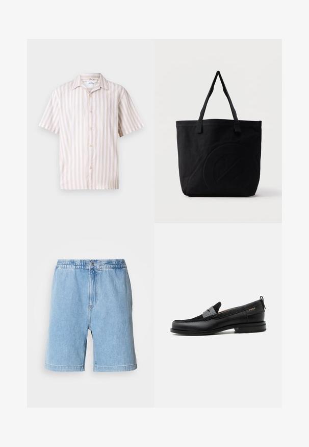 Linned kortærmet skjorte med vertikale creme- og beige striber, en klassisk krave og en frontknapstolpe med runde guldk napper.; Lys blå denimshorts med elastisk talje, knaplukning foran, sidelommer og lige skæring. Længde til midt på låret.; Sort læderloafer med grå remdetalje, lav hæl og tekstureret sål, mærket med "HUGO" i guld på siden.; Sort canvas-tote-taske med to skulderstropper og et diskret præget cirkeldesign på fronten.