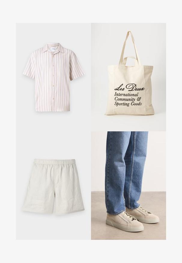 Leinenhemd mit kurzen Ärmeln, vertikalen cremefarbenen und beigen Streifen, einem klassischen Kragen und einer Knopfleiste mit runden goldenen Knöpfen.; Helle beige Leinen-Shorts mit elastischem Bund, die eine lockere Passform und minimale Nähte für ein einfaches, lässiges Design bieten.; BOSS GARYTENN_SDHDEL - Sneaker low - natural ten; Beige Baumwolltragetasche mit zwei stabilen Tragegriffen. Mit schwarzem Drucktext: "Les Deux International Community & Sporting Goods."