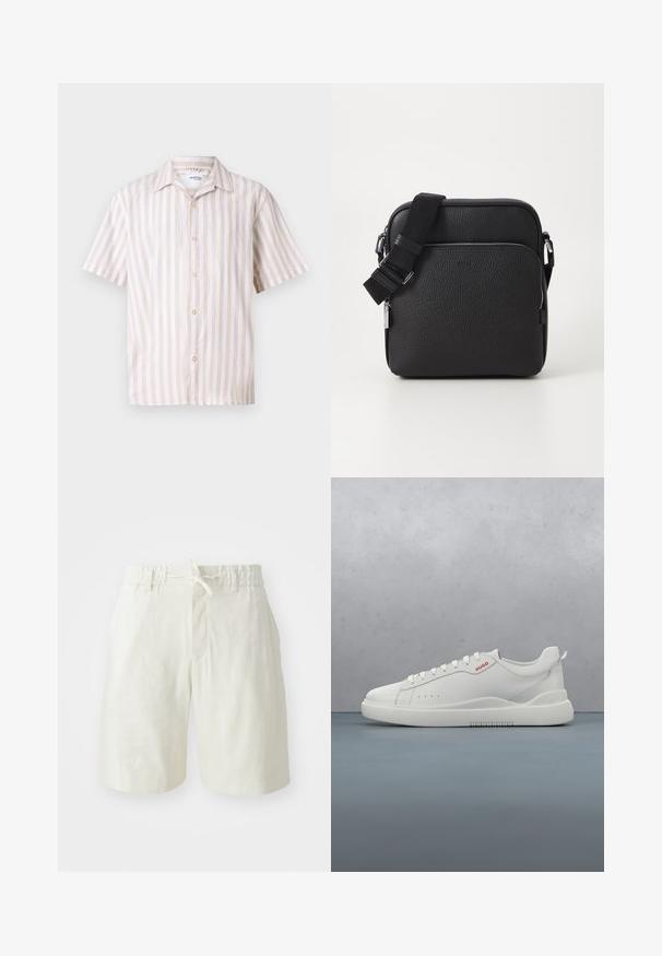 Leinenhemd mit kurzen Ärmeln, vertikalen cremefarbenen und beigen Streifen, einem klassischen Kragen und einer Knopfleiste mit runden goldenen Knöpfen.; Hellebeige Shorts aus einem weichen, strukturierten Stoff. Verfügt über einen elastischen Bund mit Kordelzug und eine einzelne Fronttasche.; Weiße Sneaker aus glattem Leder, runde Spitze, vier Ösen, dezente Perforationen und ein rotes Logodetail an der Seite.; Schwarze Leder-Crossbody-Tasche mit strukturierter Oberfläche, ausgestattet mit einer vorderen Reißverschlusstasche, verstellbarem Riemen und metallenen Hardware-Details.