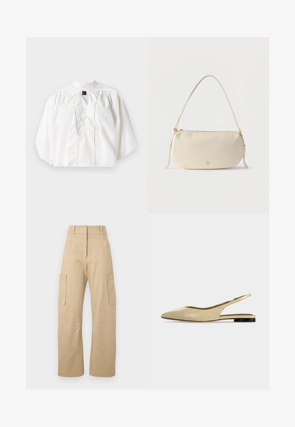 Blouse blanche avec des manches ballon froncées, un col haut, un lien de fermeture à l'avant et des plis verticaux, fabriquée dans un tissu léger et texturé.; Pantalons cargo beiges en coton, avec une taille haute, des jambes larges, deux poches latérales et deux grandes poches cargo sur les cuisses.; Chaussure plate beige à bout pointu avec bride arrière, petit talon noir et finition en cuir lisse, vue de côté sur un fond uni.; Petit sac à épaule de couleur crème avec une seule sangle, fermeture éclair et logo de marque doré discret à l'avant.