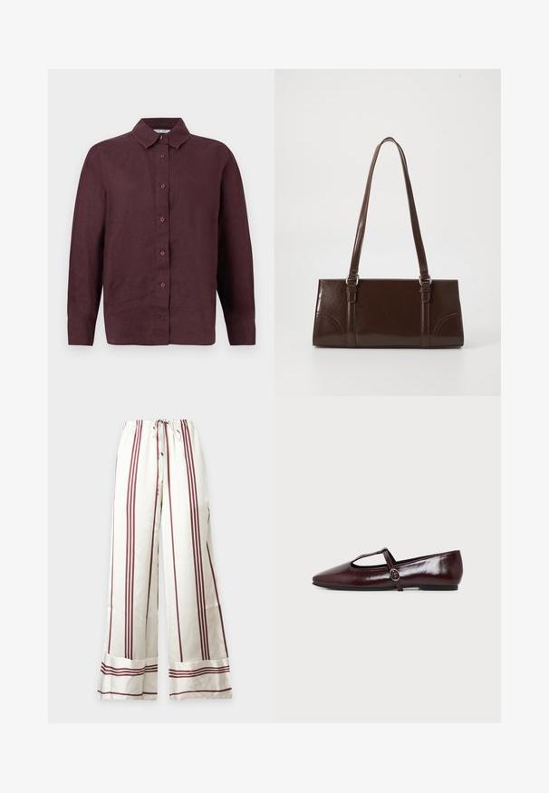 Chemise à manches longues, boutonnée, de couleur bordeaux foncé avec un col pointu et des poignets boutonnés, présentée sur un fond blanc.; Pantalon blanc à jambes larges avec des rayures marron verticales et horizontales et une taille élastique avec cordon de serrage.; Chaussure plate en cuir bordeaux foncé avec un bout pointu et une fine bride en T avec une boucle argentée sur fond blanc.; Sac à main en cuir verni marron de forme rectangulaire, avec deux longues poignées et des accents courbés subtils à l'avant.