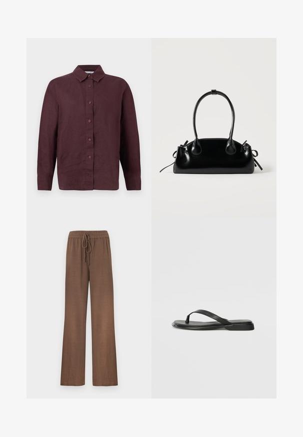 Chemise à manches longues, boutonnée, de couleur bordeaux foncé avec un col pointu et des poignets boutonnés, présentée sur un fond blanc.; Pantalon en lin léger marron avec une coupe décontractée, doté d'une taille à cordon de serrage et de jambes larges. Texture lisse, sans motifs ni accents visibles.; Tongs noires en cuir lisse, avec un design de sangle fine et une semelle plate à profil minimal. Aucun motif ou accent notables.; Petit sac à main noir brillant avec deux longues anses et des détails à cordon sur les côtés sur un fond clair uni.