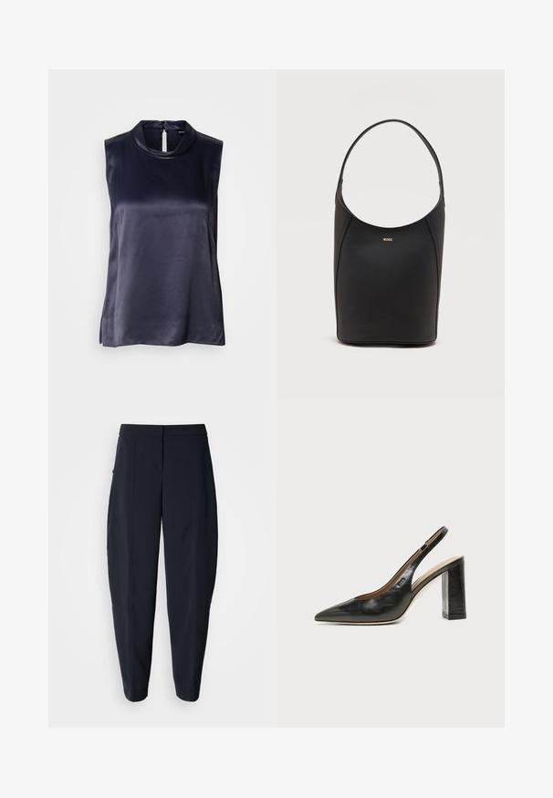 Haut sans manches en satin bleu marine foncé, doté d'un col montant et d'une fermeture en trou de serrure au dos. Texture lisse avec une coupe légèrement ample.; Pantalon bleu marine fuselé avec taille mi-haute et poches latérales, présentant des détails de coutures subtiles le long des jambes.; Chaussure slingback en cuir noir à bout pointu avec un talon bloc haut et une doublure intérieure beige sur un fond clair uni.; Sac seau en cuir noir avec une seule bandoulière et un petit logo BOSS doré centré près du haut à l'avant.