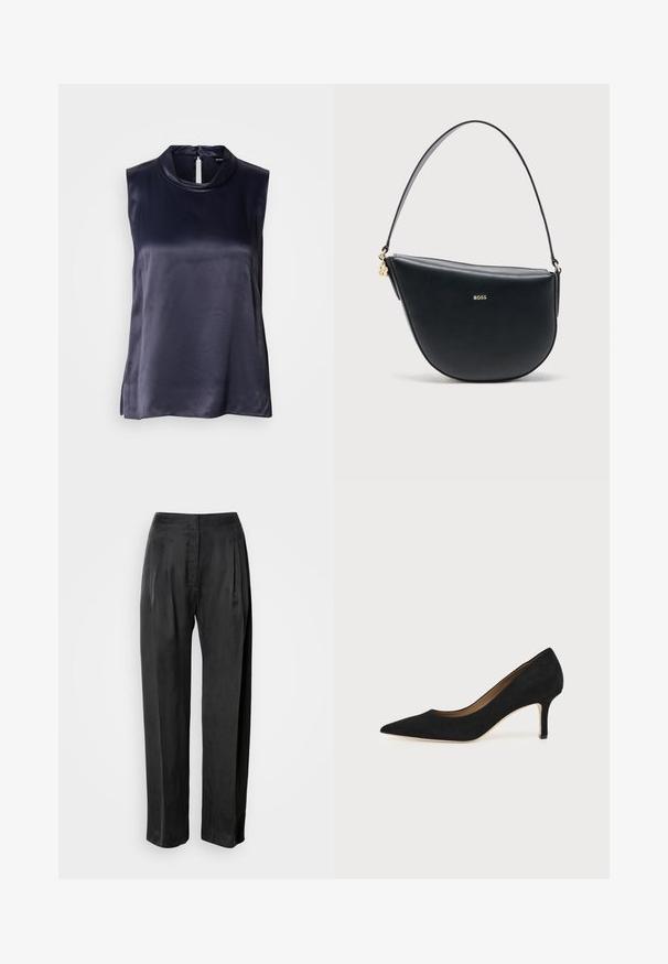 Haut sans manches en satin bleu marine foncé, doté d'un col montant et d'une fermeture en trou de serrure au dos. Texture lisse avec une coupe légèrement ample.; Pantalon noir à jambes larges en tissu lisse, avec plis sur le devant, braguette zippée et ceinture classique.; Escarpin en daim noir à bout pointu avec un talon stiletto fin de hauteur moyenne et un design à coupe basse sur un fond uni.; Sac à main demi-lune en cuir noir avec une bandoulière unique et un logo BOSS doré centré sur le devant.