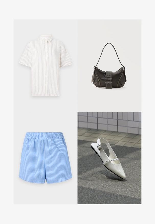 Chemise à manches courtes, boutonnée, de couleur beige clair avec de fines rayures verticales. Fabriquée en tissu léger, avec un col classique et un ourlet droit.; Shorts bleu ciel avec des rayures verticales blanches, taille élastique, longueur mi-cuisse et texture en coton lisse.; Chaussure plate slingback blanche pointue avec deux boucles argentées, présentée en extérieur sur un sol texturé et un mur carrelé en arrière-plan.; Sac à épaule en cuir noir avec une sangle à boucle, des bords arrondis et des coutures blanches contrastées sur un fond uni.