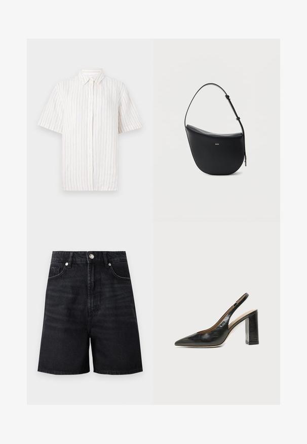 Kortærmet skjorte med knapper i lys beige med fine lodrette striber. Fremstillet af letvægtsstoffer med klassisk krave og lige kant.; Sorte denimshorts med høj talje, frontlommer og metalknaplukning. Glat tekstur med subtile falmning detaljer.; Sort læder peep-toe slingback sko med høj blokhæl og beige indvendig foring mod en ensfarvet lys baggrund.; Sort halv-måne skuldertaske i læder med justerbar rem og guld "BOSS"-logo centreret foran.
