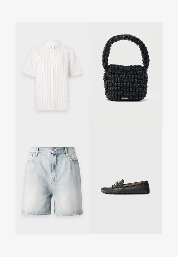 Kortærmet skjorte med knapper i lys beige med fine lodrette striber. Fremstillet af letvægtsstoffer med klassisk krave og lige kant.; Lyseblå denimshorts med knaplukning, fem lommer og en falmet struktur. Lige snit med et klassisk design.; Sorte læder bådsko med afrundet tå, stikninger, lille sløjfedetalje og gummisål. Glat tekstur og strømlinet design.; Lille sort quiltet håndtaske med kort polstret håndtag og "HUGO" mærke på forsiden, vist mod en ensfarvet lys baggrund.