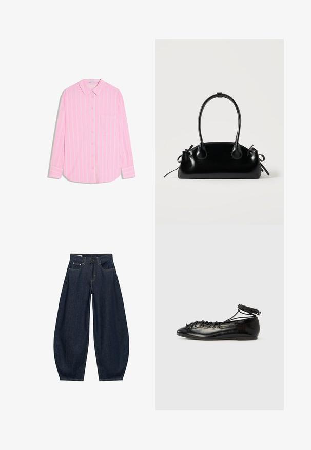 Chemise rose à manches longues avec des rayures verticales blanches, col, poche avant et poignets ornés de détails à rayures assorties.; Jean en denim bleu foncé à jambes larges avec poches avant, passants de ceinture et fermeture par bouton à la taille.; Ballerines en cuir verni noir avec un bout rond, un design à lacets et une semelle plate. Texture lisse avec peu de détails.; Petit sac à main noir brillant avec deux longues anses et des détails à cordon sur les côtés sur un fond clair uni.