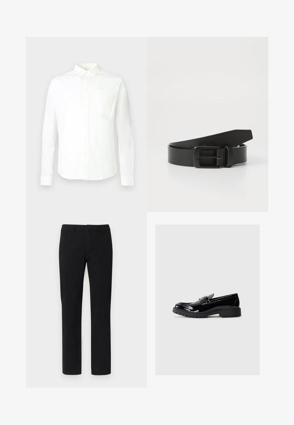 Chemise blanche à manches longues avec boutons, en coton, dotée d'un col pointu et d'une poche unique sur le côté gauche de la poitrine. Texture lisse.; Chinos noirs à coupe droite, fabriqués en mélange de coton lisse, avec passants pour ceinture et fermeture avant par bouton.; Mocassins en cuir verni noir avec un bout arrondi, une sangle décorative et une semelle en caoutchouc épaisse avec des reliefs profonds pour l'adhérence.; Ceinture en cuir noir avec une boucle en métal noir mat, présentant une texture lisse et un design simple. Longueur réglable avec une extrémité effilée.