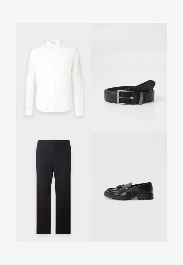 Chemise blanche à manches longues avec boutons, en coton, dotée d'un col pointu et d'une poche unique sur le côté gauche de la poitrine. Texture lisse.; Pantalon noir droit avec passants de ceinture et fermeture à bouton sur le devant, sur fond blanc.; Mocassins en cuir noir avec une finition brillante, semelle en caoutchouc épaisse et détail de frange décoratif à l'avant.; Ceinture en cuir noir avec une boucle en métal argenté, présentant une finition lisse et un design classique. La ceinture est soigneusement pliée.