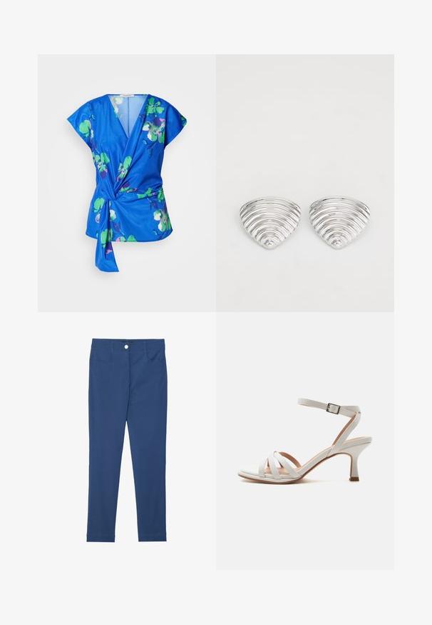 Haut enroulé floral bleu à manches courtes, avec des motifs de fleurs vertes et roses, un décolleté en V profond et un détail de taille nouée. Texture du tissu douce.; Pantalons slim-fit bleus en mélange de coton, dotés d'un bouton frontal, d'une fermeture éclair, de deux poches et d'une texture lisse et propre.; Sandale blanche à talon moyen avec trois brides à l'avant, une bride à la cheville avec une boucle argentée, et un talon légèrement incurvé sur un fond uni.; Boucles d'oreilles en argent avec un design ondulé et texturé, en forme de croissants superposés ; la finition polie accentue les qualités réfléchissantes.