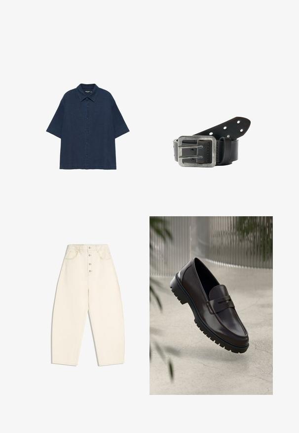Chemise bleu marine à manches courtes avec boutons, col pointu et coupe décontractée, présentée sur fond blanc.; Pantalon crème taille haute, jambes larges, fermeture à boutons à l'avant, avec poches latérales et arrière, sur fond blanc.; Mocassins en cuir marron avec une semelle en caoutchouc texturée et striée. Présente un design épuré et une sangle décorative sur le cou-de-pied.; Ceinture en cuir noir roulée avec plusieurs trous et une grande boucle métallique argentée rectangulaire.