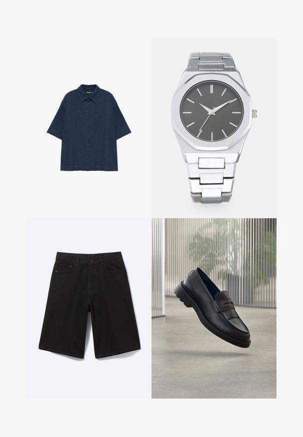 Chemise bleu marine à manches courtes avec boutons, col pointu et coupe décontractée, présentée sur fond blanc.; Short en jean noir longueur genou avec bouton à l'avant, passants de ceinture et cinq poches, présenté sur fond blanc.; Mocassins noirs en cuir à finition lisse, avec une bride décorative et un panneau texturé à l'avant, ainsi qu'une semelle en caoutchouc texturée.; Montre analogique argentée avec un boîtier octogonal, un cadran gris, des index de heures argentés et un bracelet en acier inoxydable. Design minimaliste avec texture lisse.
