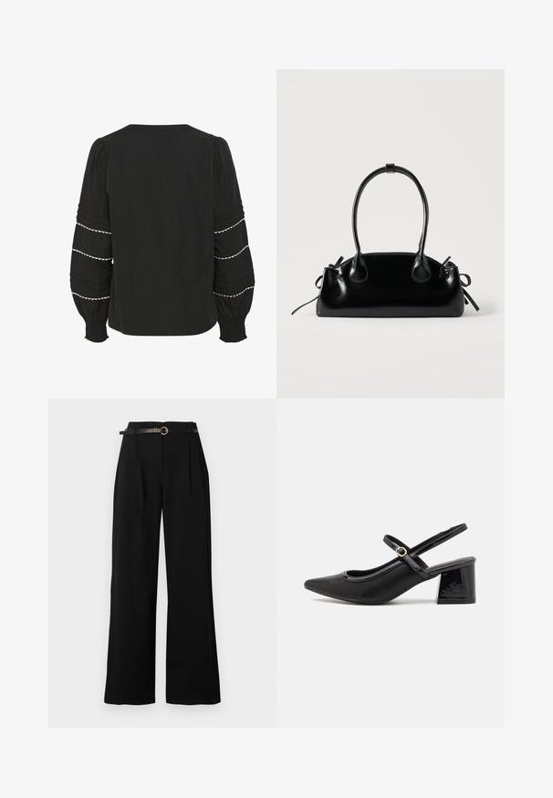 Blouse noire avec des manches bouffantes, ornée de plis texturés et d'un ourlet en dentelle blanche. Poignets élastiques et design simple au dos.; Pantalon noir taille haute à jambes larges avec plis sur le devant et une ceinture noire fine avec une boucle ronde dorée.; Escarpins slingback en cuir verni noir avec un embout pointu, un design à découpes arrondies et un talon carré. Présente un accent de boucle en ton doré.; Petit sac à main noir brillant avec deux longues anses et des détails à cordon sur les côtés sur un fond clair uni.