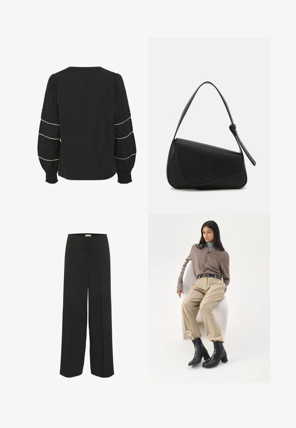 Blouse noire avec des manches bouffantes, ornée de plis texturés et d'un ourlet en dentelle blanche. Poignets élastiques et design simple au dos.; Pantalon noir à jambes larges, taille haute avec des détails subtils de plis, conçu pour une coupe décontractée et élégante.; Femme aux longs cheveux noirs appuyée sur une chaise blanche courbée, portant un chemisier taupe, un pantalon beige, une ceinture noire et des bottines noires à talons.; Sac à main en cuir noir de forme triangulaire, avec un rabat incliné et une poignée supérieure arrondie. Il présente une texture lisse et des détails de design minimalistes.