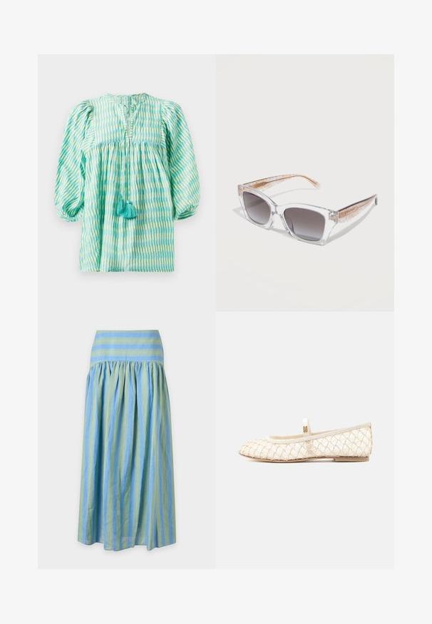 Blusa ligera a rayas en tonos verde azulado y verde con mangas abullonadas, cintura fruncida, escote con abertura y dos borlas turquesa en la parte delantera.; Falda larga con rayas verticales verdes y azules, fruncida debajo de una cinturilla con rayas horizontales en colores a juego.; Bailarinas blancas con una superposición de tela de malla, suela plana y una delicada tira sobre el empeine, con sutiles acentos metálicos.; Gafas de sol con montura transparente, lentes cuadradas con degradado oscuro y varillas de mármol beige que presentan un pequeño logo dorado de Coach.
