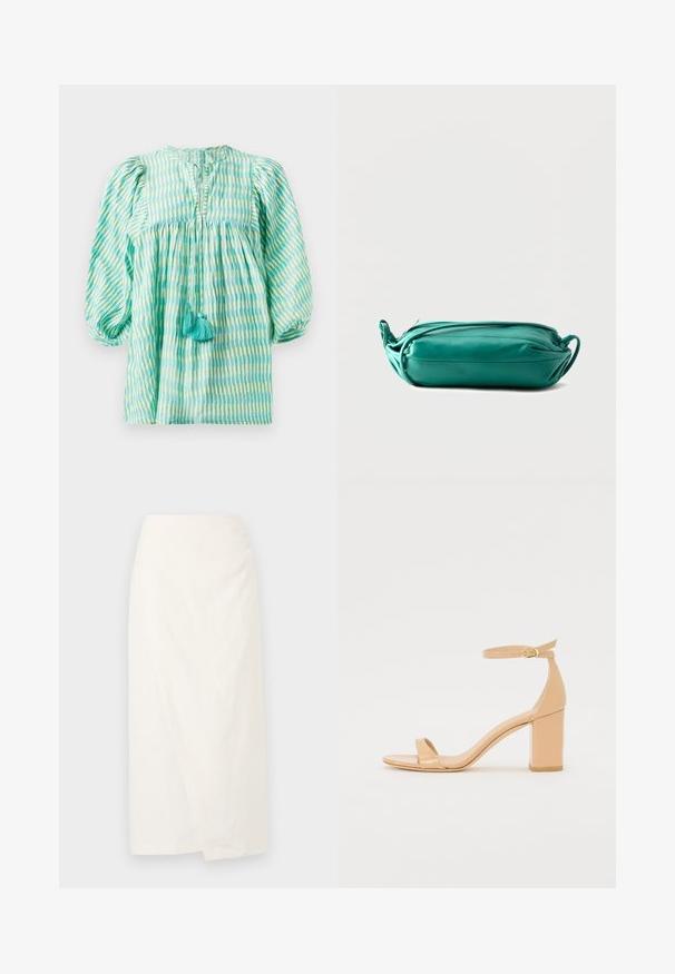 Lichtgewicht blouse in teal en groen met gestreepte patronen, met opgeblazen mouwen, geraffineerde taille, keyhole-halslijn en twee turquoise kwastjes aan de voorkant.; Witte knie-lange rok van lichtgewicht stof, met een wrapsdesign en een zachte, gestructureerde oppervlakte. Eenvoudige, strakke lijnen zonder versieringen.; Nude patenten leren heeled sandalen met een vierkante neus, enkelbandje en een stevige blokhak. Gladde textuur en minimalistische ontwerpelementen.; Petrolkleurig leren zakje met ritssluiting, plooidetails aan de zijkanten en een smalle draagriem op een effen witte achtergrond.