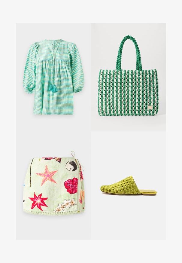 Lichtgewicht blouse in teal en groen met gestreepte patronen, met opgeblazen mouwen, geraffineerde taille, keyhole-halslijn en twee turquoise kwastjes aan de voorkant.; Lichtgroene wikkelrok met zijstrik, met prints van roze zeesterren, rode hibiscusbloemen, witte plumeria en yin-yang symbolen.; Groen geweven slip-on mule met platte zool en gesloten puntige neus, ontworpen voor casual gebruik.; Groene en witte geweven tote bag met een gestructureerde rechthoekige vorm, textuur afwerking en twee stevige handvatten. Heeft een logo label aan de zijkant.