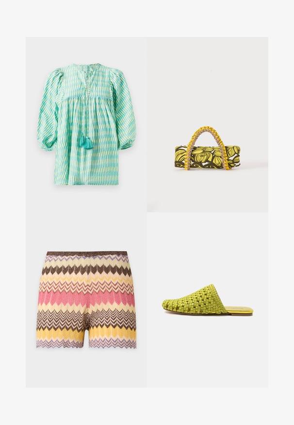 Blusa ligera a rayas en tonos verde azulado y verde con mangas abullonadas, cintura fruncida, escote con abertura y dos borlas turquesa en la parte delantera.; Pantalones cortos de punto con patrón de zigzag en tonos marrones, crema, amarillo, rosa y púrpura, con un dobladillo ondulado.; Mule verde tejido tipo slip-on con suela plana y puntera cerrada y puntiaguda, diseñada para uso informal.; Bolsa rectangular con patrón floral en amarillo y negro y asa trenzada amarilla y rosa sobre fondo blanco.
