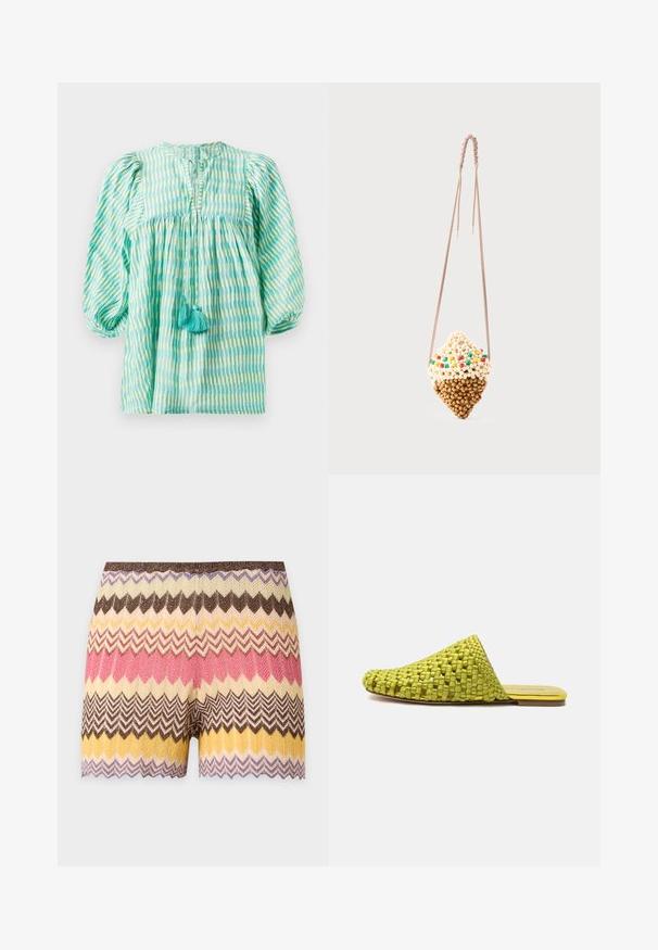 Letthåndterlig bluse i teal og grønt med striber, puffede ærmer, samlet talje, nøglehul-udskæring og to turkise kvaster foran.; Strikkede shorts med zigzagmønster i nuancer af brun, creme, gul, lyserød og lilla med en bølget kant.; Grøn vævet slip-on mule med flad sål og lukket spids, designet til afslappet brug.; Lille hængende taske formet som en isvaffel, lavet af beige og brune perler med farverige perle-accents, på en tynd snoet snor.