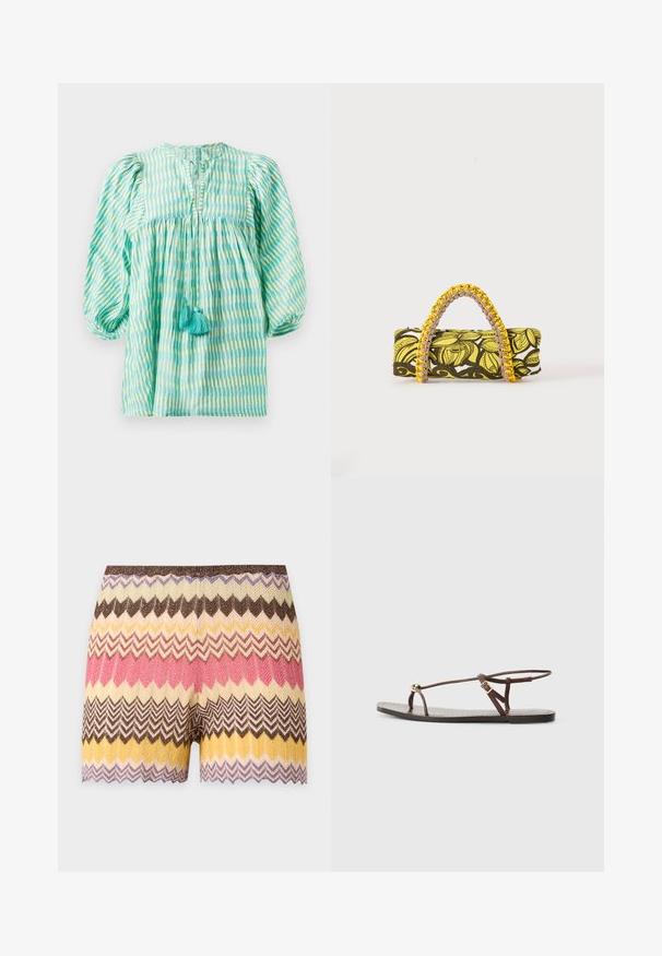 Lichtgewicht blouse in teal en groen met gestreepte patronen, met opgeblazen mouwen, geraffineerde taille, keyhole-halslijn en twee turquoise kwastjes aan de voorkant.; Gebreide shorts met zigzagpatroon in tinten bruin, crème, geel, roze en paars, met een geschulpte zoom.; Bruine leren sandaal met dunne banden, een gouden cirkelaccent en een platte zool. Minimalistisch ontwerp met een verstelbare gesp.; Rechthoekige tas met geel-zwart bloemenpatroon en gevlochten geel-roze handvat op witte achtergrond.