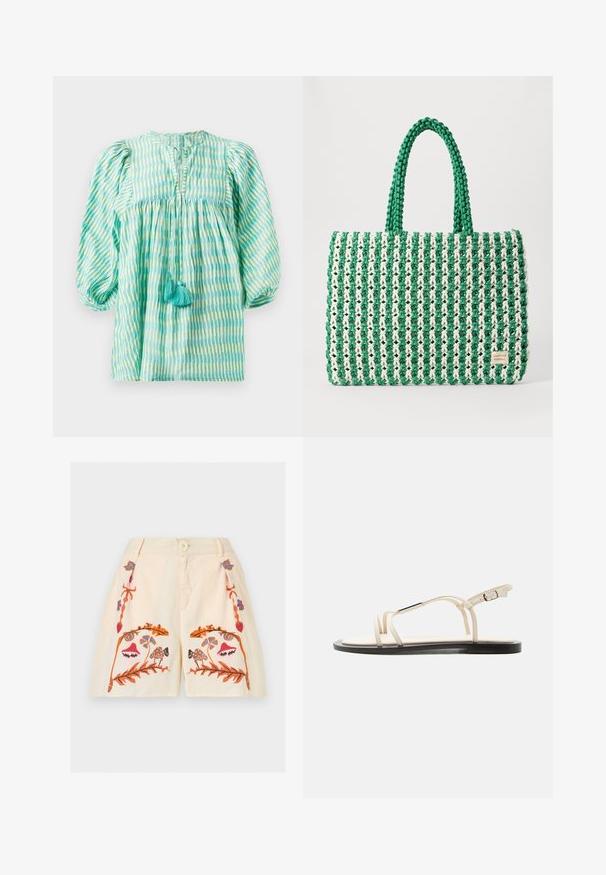 Blusa ligera a rayas en tonos verde azulado y verde con mangas abullonadas, cintura fruncida, escote con abertura y dos borlas turquesa en la parte delantera.; Pantalones cortos de color crema con botón frontal, cierre de cremallera y bordados con patrones florales y de setas simétricos en naranja, rosa, azul y marrón.; Sandalia plana beige con tiras finas, acento plateado en la tira superior y hebilla ajustable en la tira del tobillo, suela negra.; Bolso tote trenzado en verde y blanco con una forma rectangular estructurada, acabado texturizado y dos asas resistentes. Presenta una etiqueta con el logo en el costado.