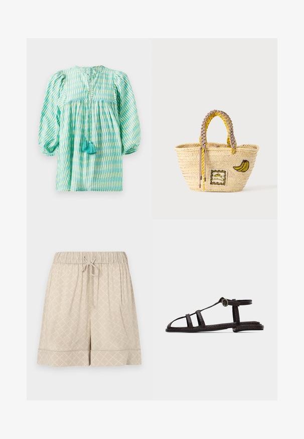 Blusa ligera a rayas en tonos verde azulado y verde con mangas abullonadas, cintura fruncida, escote con abertura y dos borlas turquesa en la parte delantera.; Pantalones cortos beige hechos de una tela suave con una cinturilla elástica, cordón de ajuste y textura con patrón de diamante. Presenta un dobladillo con puños.; Sandalia plana marrón oscuro con correas texturizadas, hebilla en el tobillo y diseño de punta abierta sobre un fondo claro liso.; Bolso tote de paja tejido con asas trenzadas amarillas y beige, decorado con un parche de plátano y un pequeño diseño de pez enmarcado en la parte delantera.