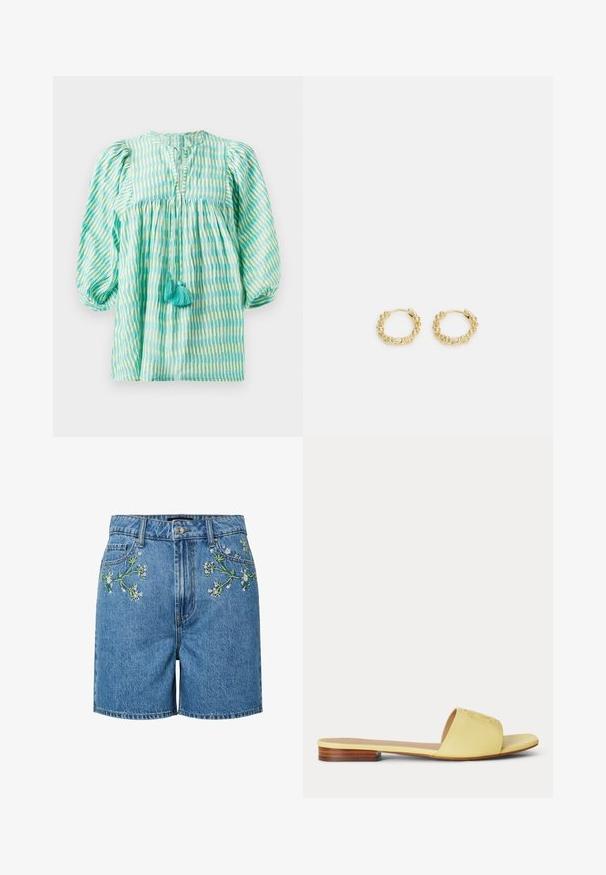 Letthåndterlig bluse i teal og grønt med striber, puffede ærmer, samlet talje, nøglehul-udskæring og to turkise kvaster foran.; Blå denimshorts med foran blomsterbroderi, knap- og lynlås lukning samt forlommer.; Gul flad slidssandal med bred rem og lavt træhæle vist fra siden på en ensfarvet baggrund.; Guldøreringe i form af hoops med et tekstureret design og små, runde perler jævnt fordelt rundt om hoop'en. Letvægts metal konstruktion.