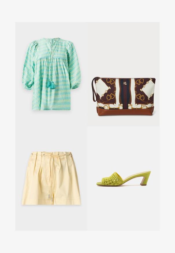 Lichtgewicht blouse in teal en groen met gestreepte patronen, met opgeblazen mouwen, geraffineerde taille, keyhole-halslijn en twee turquoise kwastjes aan de voorkant.; Lichtgele shorts met een hoge taille, plooien aan de voorkant en een taillekoord met metalen oogjes en metalen uiteinden.; Open teen mulehak in limoengroen met gevlochten leren bovenwerk en een blokhak van middelhoogte tegen een effen achtergrond.; Bruine leren en gemønsterd stoffen pouch, met paardrijmotieven in donkerbruin, crème en gouden accenten. Inclusief een zijhandvat.