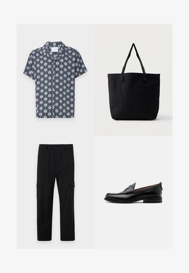 Kurzarmhemd aus navyblauem Stoff mit einem weißen und hellblauen aufwendigen Muster, mit Knopfverschluss und Kragen.; Schwarze Cargo-Hosen aus leichtem Stoff, mit geradem Bein, vorderen Falten, seitlichen Taschen und einem Knopfverschluss.; Schwarzer Leder-Herrenschuh mit Mokassinnaht, Penny-Riemen, strukturiertem Kragen und niedrigem gestapeltem Absatz auf weißem Hintergrund.; Schwarze Canvas-Shopper-Tasche mit zwei Schulterriemen und einem dezenten, eingeprägten kreisförmigen Design auf der Vorderseite.