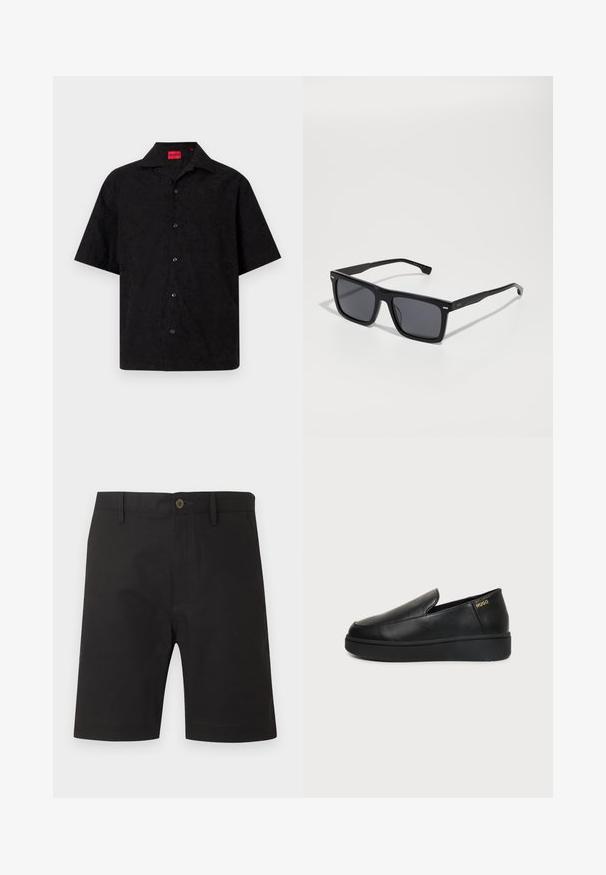 Chemise noire à manches courtes boutonnée avec une broderie florale subtile et une étiquette rouge HUGO à l'intérieur du col.; Shorts noirs longueur genou avec bouton et fermeture éclair à l'avant, passants pour ceinture et poches latérales, présentés sur un fond clair uni.; Chaussure noire en cuir à enfiler avec semelle épaisse et petits trous de ventilation latéraux, avec un logo doré "HUGO" près du talon.; Lunettes de soleil carrées noires avec des verres foncés. Fabriquées en plastique, avec des côtés texturés et un design minimaliste. Détails près des charnières.