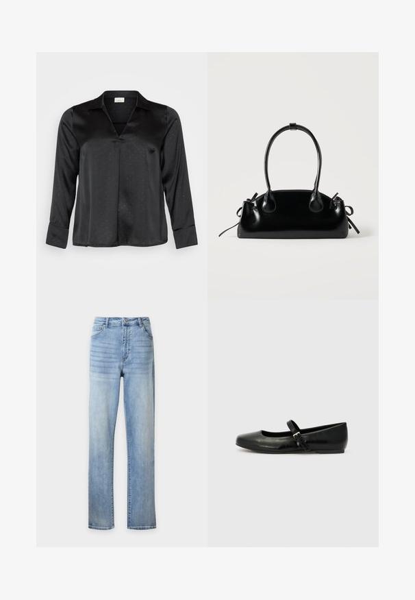 Schwarze Satinbluse mit V-Ausschnitt, langen Ärmeln und dezentem gepunktetem Muster. Verfügt über einen klassischen Kragen und geknöpfte Manschetten für einen eleganten Look.; Hellblaue Jeans mit hoher Taille und geradem Bein mit vorderem Knopf, Reißverschluss, zwei Vorder- und zwei Gesäßtaschen auf einfarbigem Hintergrund.; Schwarze Leder-Ballerinas mit einer runden Spitze, einer flachen Sohle und einem dünnen, verstellbaren Riemen über dem Spann mit einer Metallschnalle.; Kleine schwarze glänzende Handtasche mit zwei langen Griffen und seitlichen Kordelzug-Details vor einfachem hellem Hintergrund.