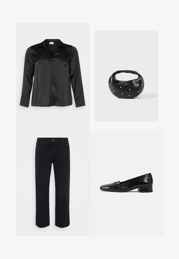 Schwarze Satinbluse mit V-Ausschnitt, langen Ärmeln und dezentem gepunktetem Muster. Verfügt über einen klassischen Kragen und geknöpfte Manschetten für einen eleganten Look.; Schwarze Denim-Jeans mit einem geraden Bein-Design. Merkmale sind ein Knopfverschluss an der Taille, Gürtelschlaufen und Vorder-/Gesäßtaschen. Glatte Textur.; Schwarze Lackleder-Ballettschuhe mit spitzem Zehenbereich, niedrigem quadratischem Absatz und einem kleinen metallischen Schnallenakzent am Riemen. Glatte Textur.; Schwarze Lederhandtasche mit abgerundeter Form, verziert mit silbernen Nietenakzenten und kurzem Griff. Glatte Struktur und Reißverschlussverschluss.