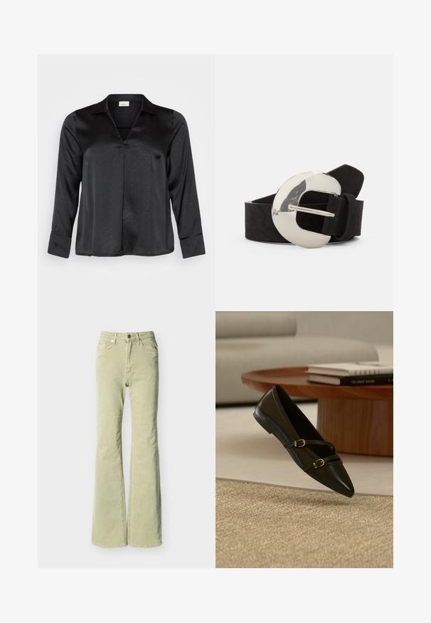 Schwarze Satinbluse mit V-Ausschnitt, langen Ärmeln und dezentem gepunktetem Muster. Verfügt über einen klassischen Kragen und geknöpfte Manschetten für einen eleganten Look.; Hellgrüne ausgestellte Jeans mit Knopf- und Reißverschluss, Vorder- und Gesäßtaschen sowie Gürtelschlaufen auf weißem Hintergrund.; Schwarzer flacher Schuh mit spitzer Zehenpartie und zwei dünnen Schnallenriemen, der über einem beigen Teppich schwebt, mit einem Holzcouchtisch und Büchern im Hintergrund.; Schwarzer Wildledergürtel mit einer großen, polierten ovalen silbernen Schnalle und einer strukturierten Oberfläche. Verfügt über ein klassisches Design mit einem Standardverschluss.